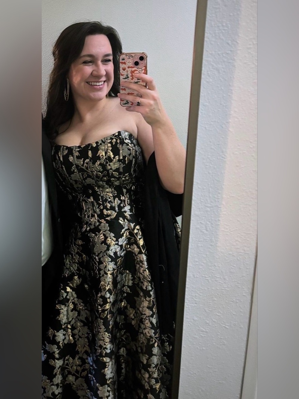 Perfect Wedding Guest Dress- Black and Gold Floral A-Line Dress